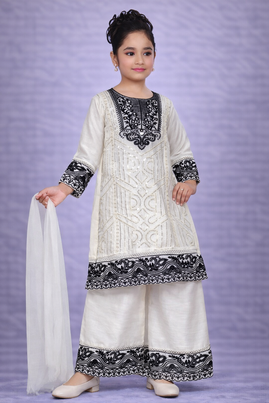 Ivory Black Embroidered Kurta Sharara Set for Girls