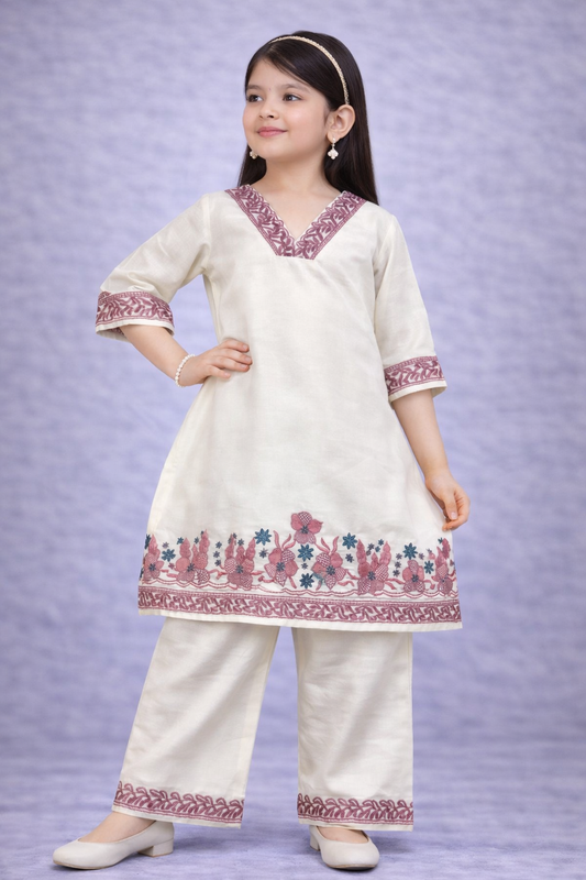 Ivory Cream Embroidered Kurta Pant Set for Girls