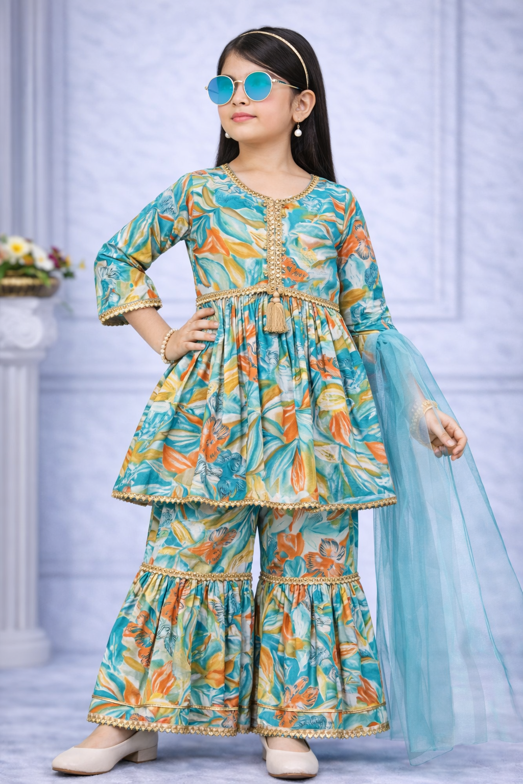 Teal Blossom Sharara Suit Set for Girls