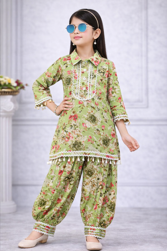 Pistachio Meadow Printed Patiala Set for Girls