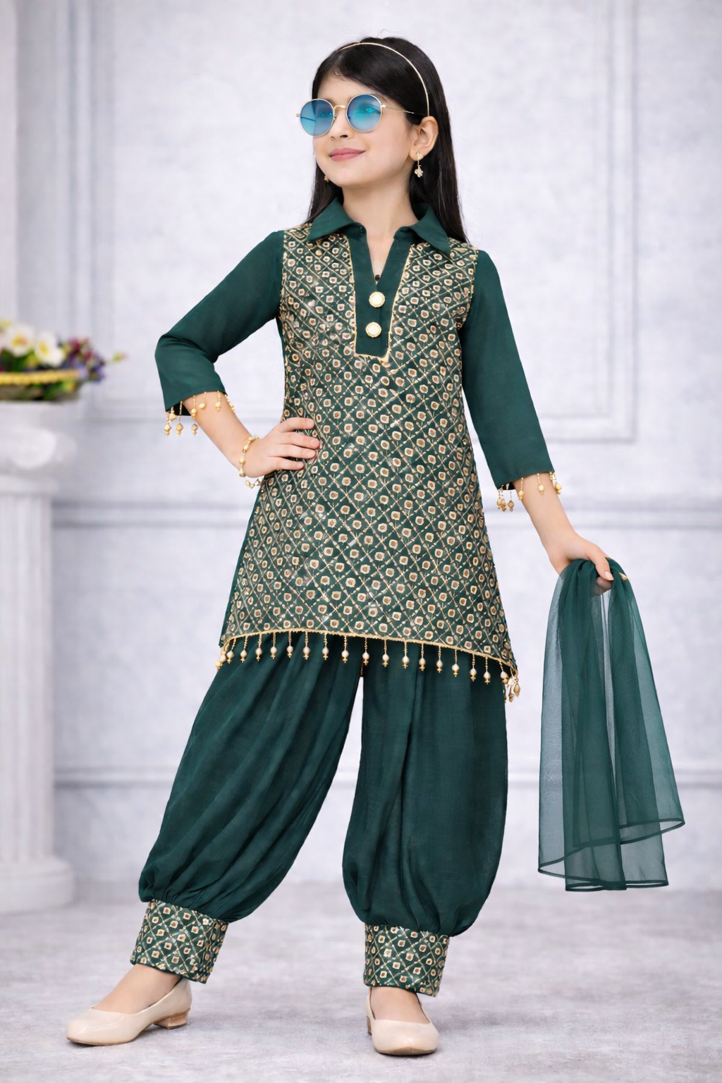 Emerald Forest Patiala Suit Set for Girls