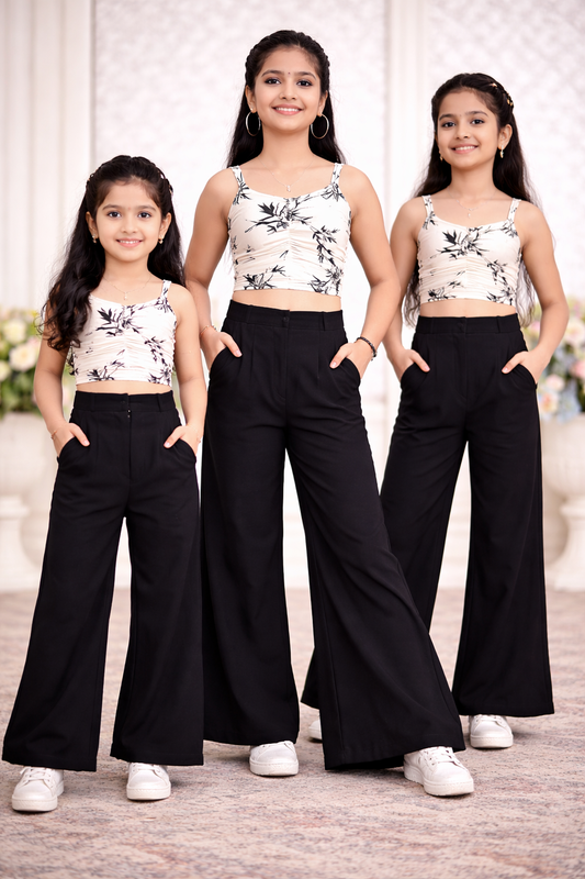 Ivory Noir Printed Crop Top & Palazzo Co-Ord Set for Girls
