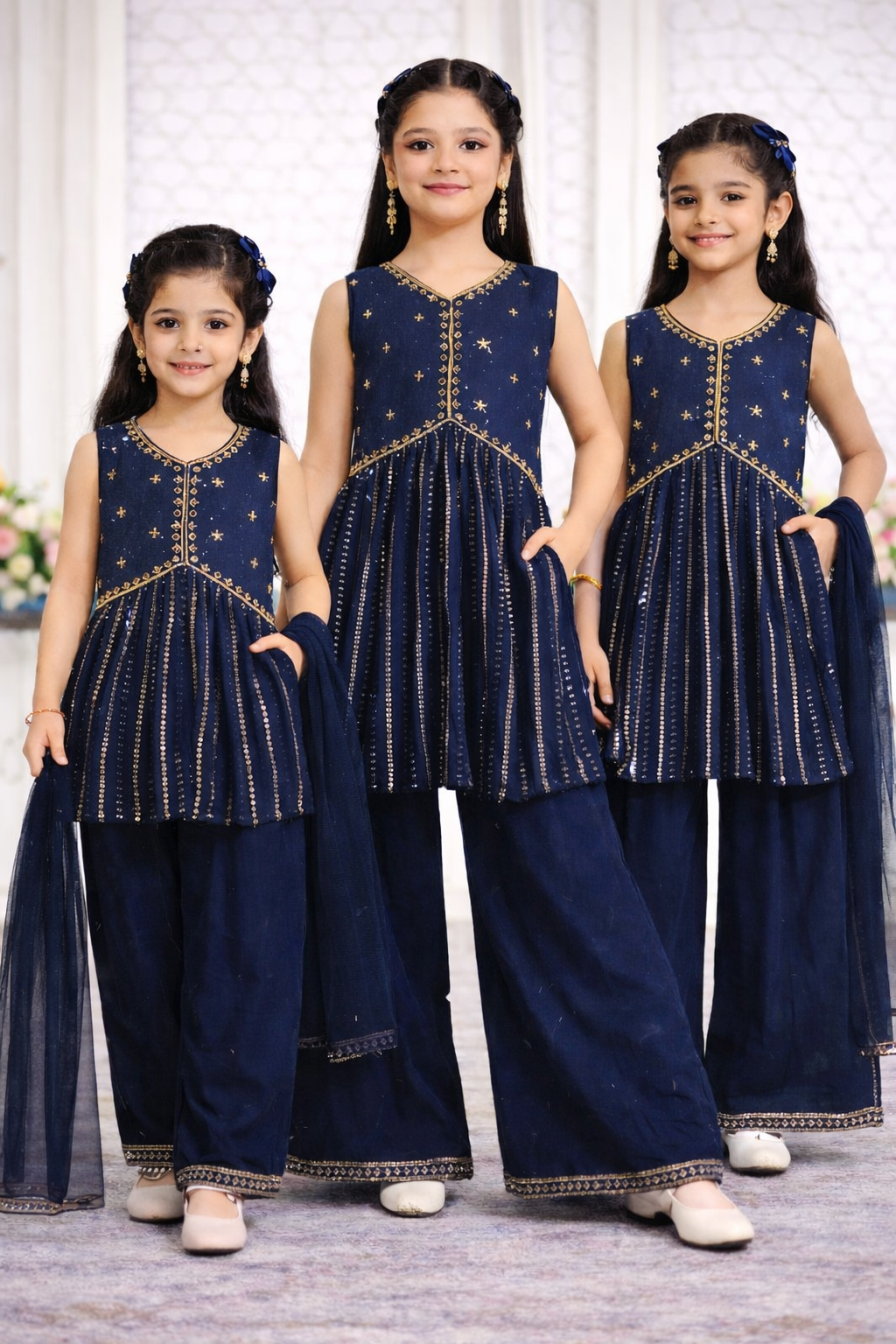 Midnight Blue Kurti Palazzo Set for Girls