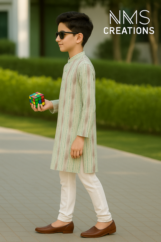 Purple Mint Kids Kurta Set – Festive Striped Elegance - 2596