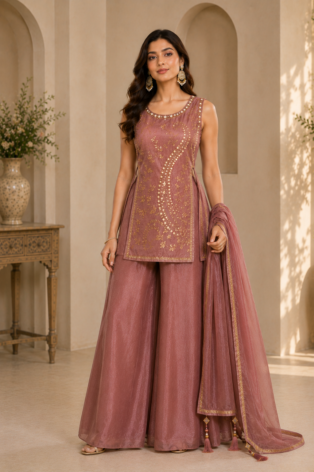 Women's short kurta, plazo & dupatta set