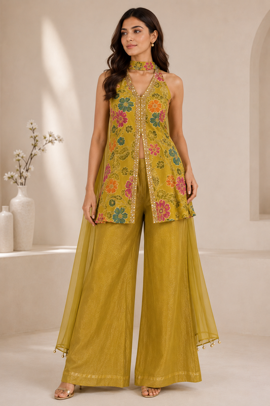 Women’s lime yellow three-piece Indo-Western set
