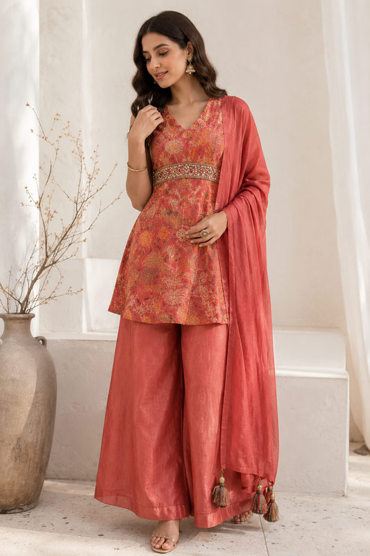 Pink Floral A-Line Kurta Set (3-Piece)
