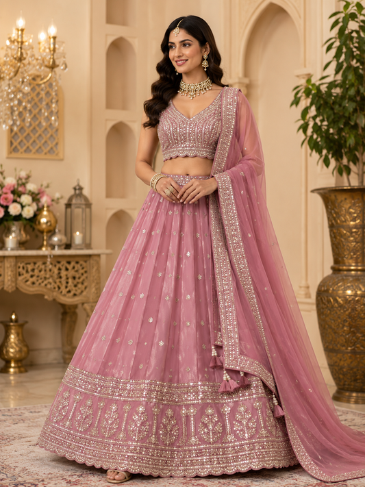 Pastel pink zari lehenga choli set with dupatta for women