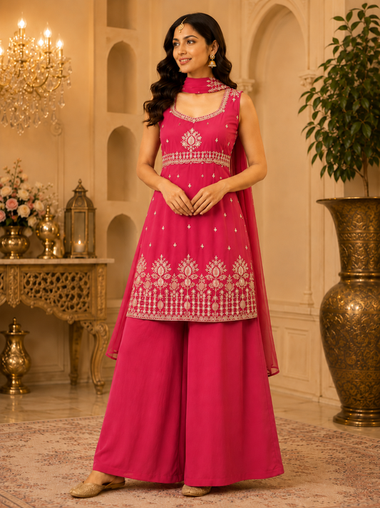 Bright pink embroidered kurta and palazzo set with necklace-style dupatta
