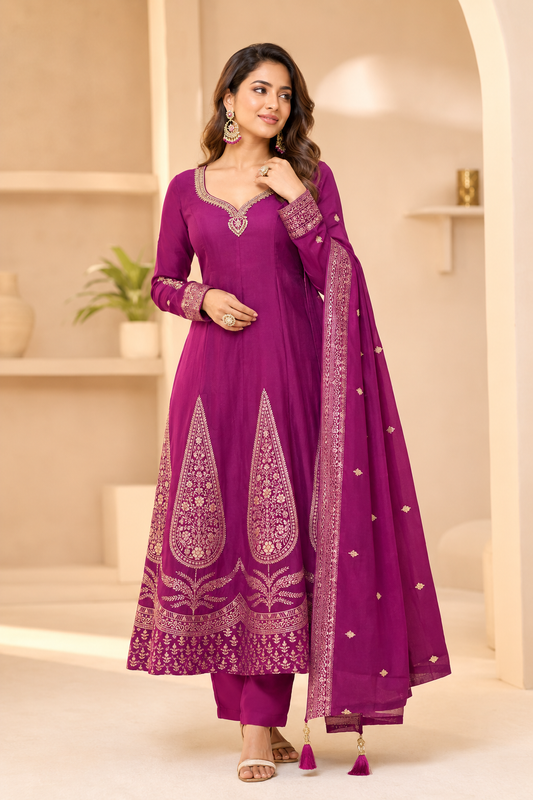 Royal plum Banarasi Anarkali suit with straight pants and dupatta