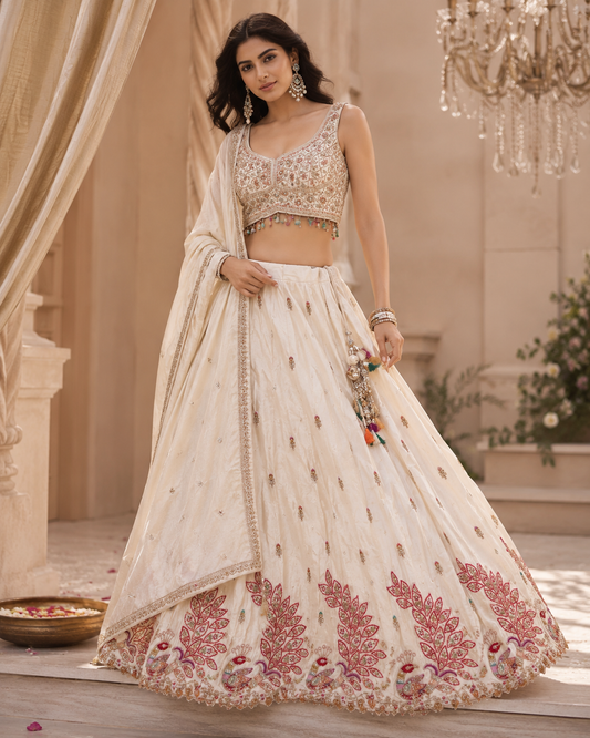 Ivory Peacock Embroidered Lehenga Choli Set