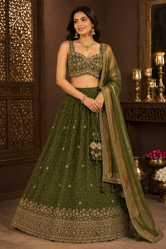 A woman models an olive green embroidered Indian ethnic lehenga choli set with a matching dupatta in an ornate, warm-toned indoor setting.