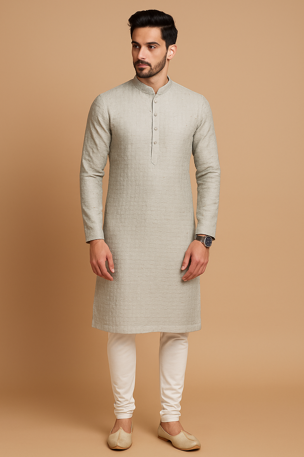 Platinum Grey Textured Embroidered Kurta Set – Luxe Collection 9083
