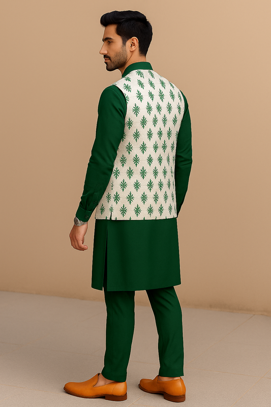 Royal Green Kurta Set with Ivory Threaded Koti - 1482