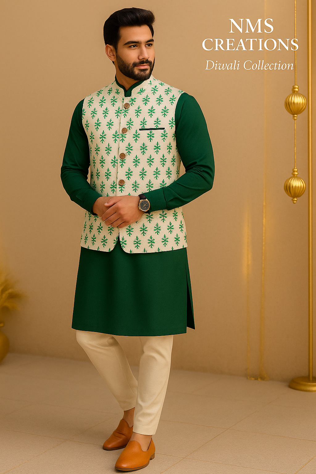 Royal Green Kurta Set with Ivory Threaded Koti - 1482