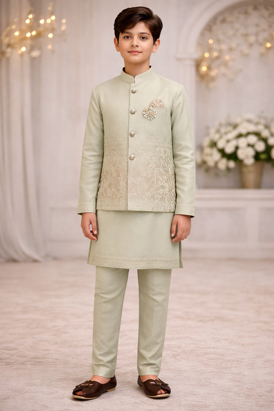 Boys Pista Green Waistcoat Kurta Set