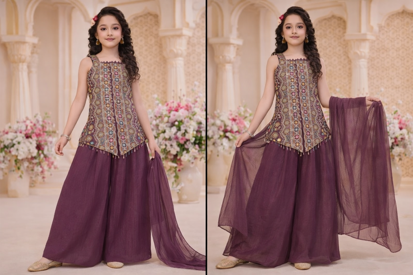 Girl's Dark Purple Indo-Western Palazzo Set
