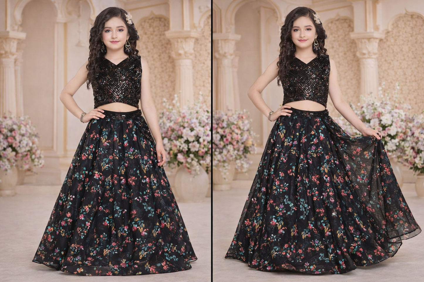 Girls Black Indo-Western Lehenga Set