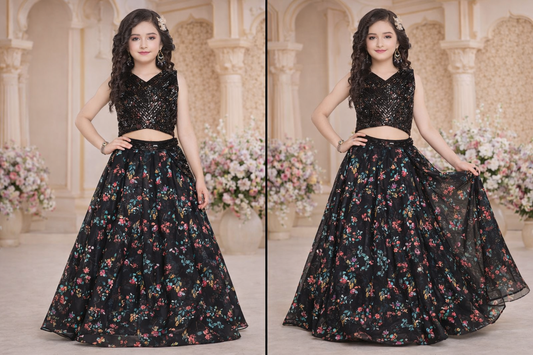 Girls Black Indo-Western Lehenga Set