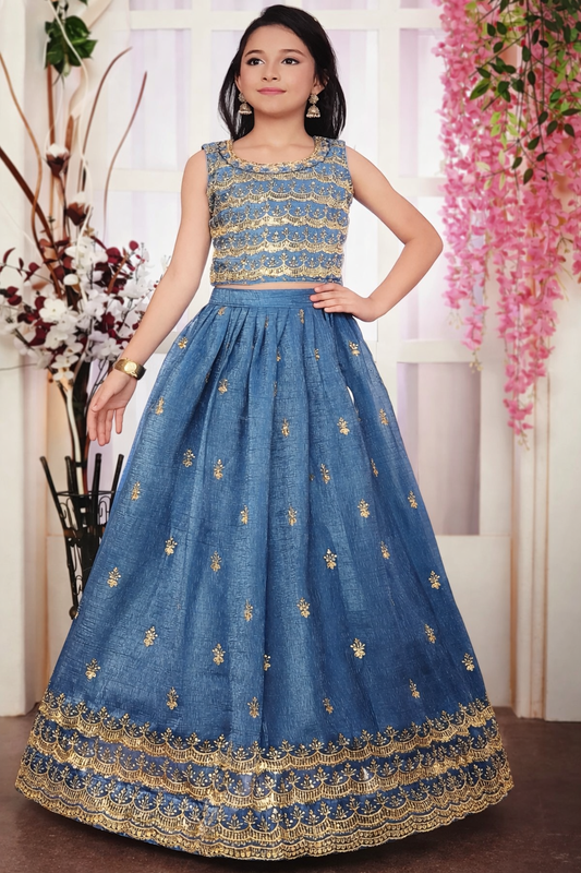 Girls Dusty Blue Embroidered Lehenga Choli