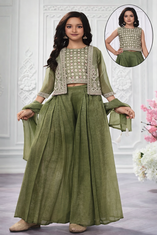Girl in olive green festive ethnic set with embroidered top, sheer jacket, and palazzo pants