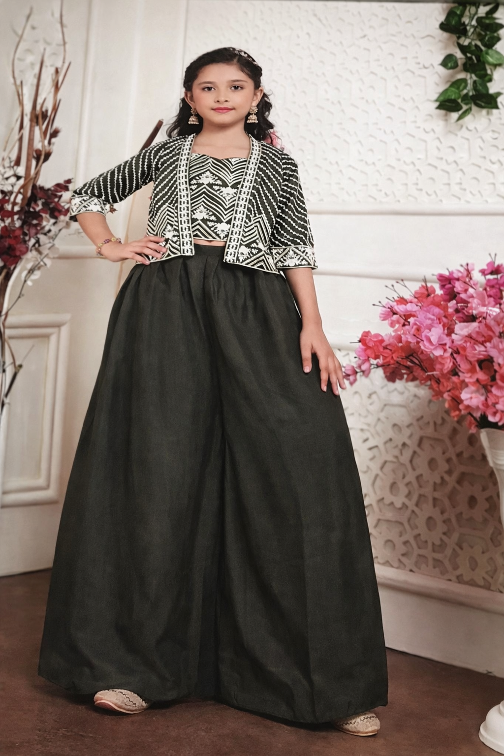 Girls Forest Green Indo-Western Palazzo Set