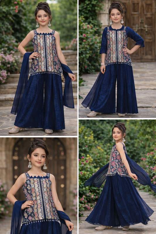 Girls Royal Blue Indo-Western 4-Piece Set