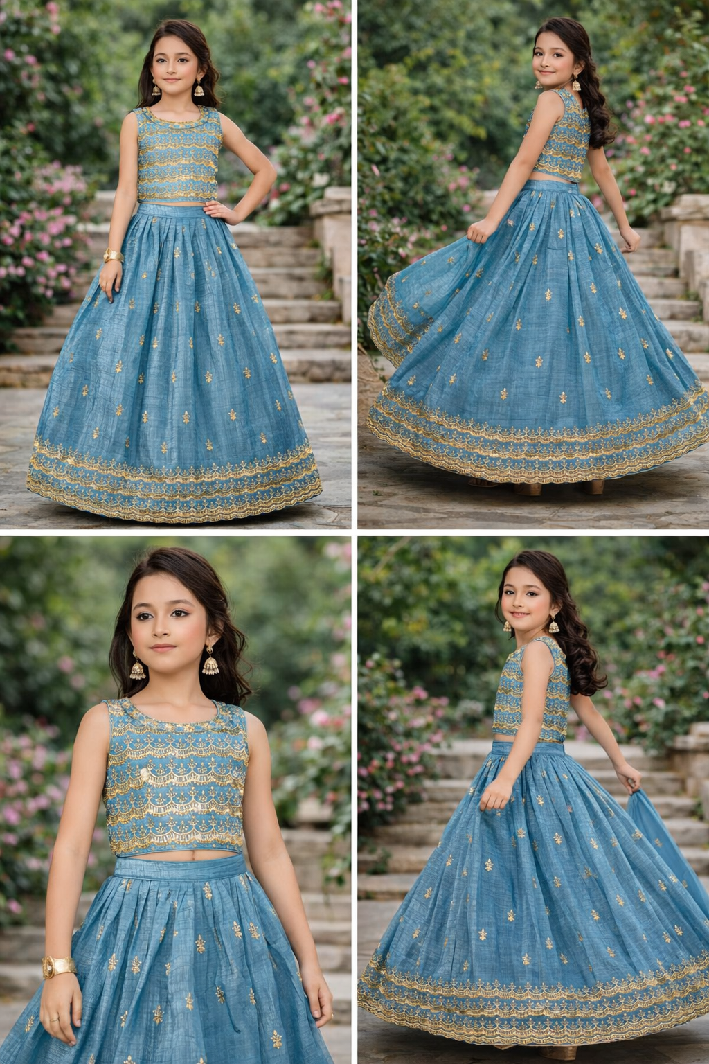 Girls Firozi Blue Embroidered Indo-Western Set