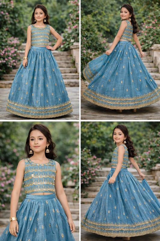 Girls Firozi Blue Embroidered Indo-Western Set