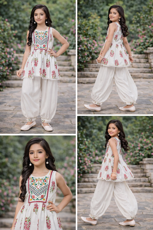 Young girl in a traditional outfit with floral patterns in multiple poses outdoors.