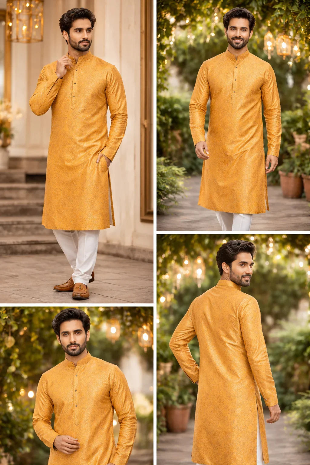 Man wearing golden yellow embroidered kurta with white pants, festive ethnic menswear