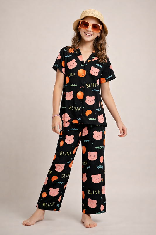 Girls Black Teddy Pyjama Set