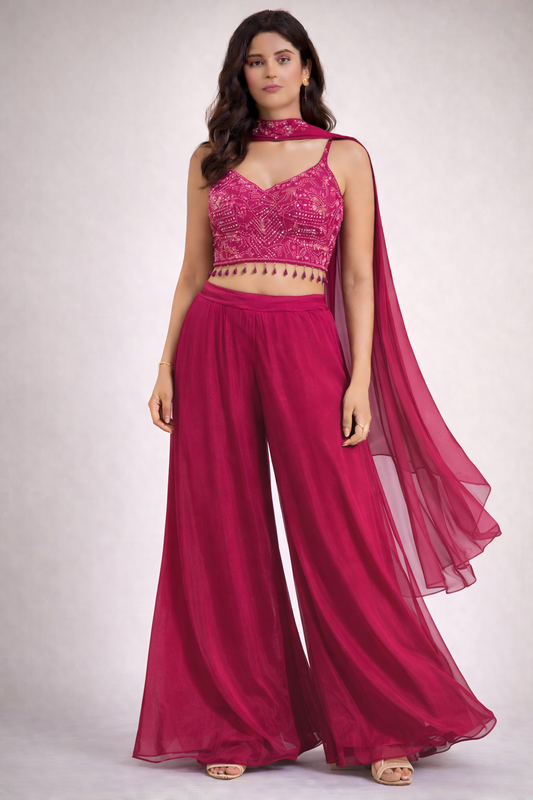 Royal Pink Embroidered Palazzo Set (3-Piece)