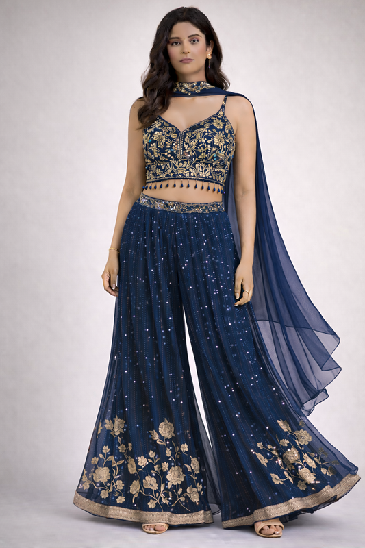 Teal Blue Embroidered Palazzo Set (3-Piece)