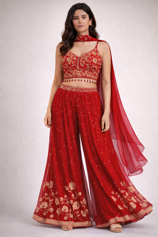 Fuchsia Pink Embroidered Palazzo Set (3-Piece)