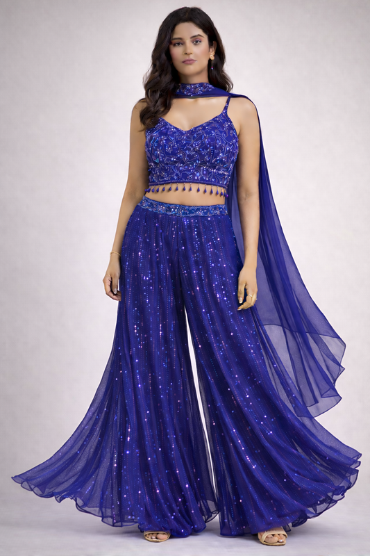 Teal Blue Embellished Palazzo Set (3-Piece)