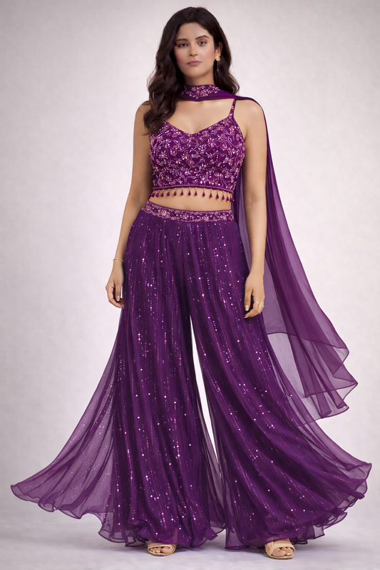 Dark Purple Embellished Palazzo Set (3-Piece)