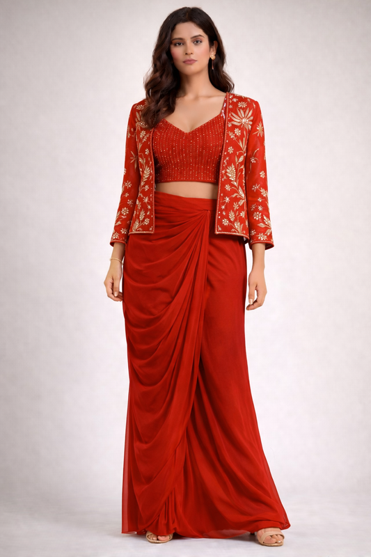 Vibrant Orange Indo-Western Draped Skirt Set (3-Piece)