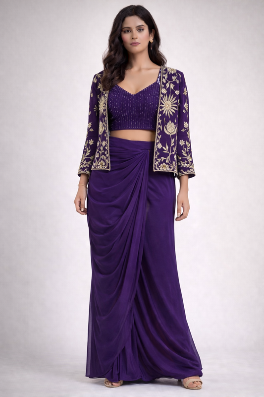 Dark Purple Indo-Western Draped Skirt Set (3-Piece)