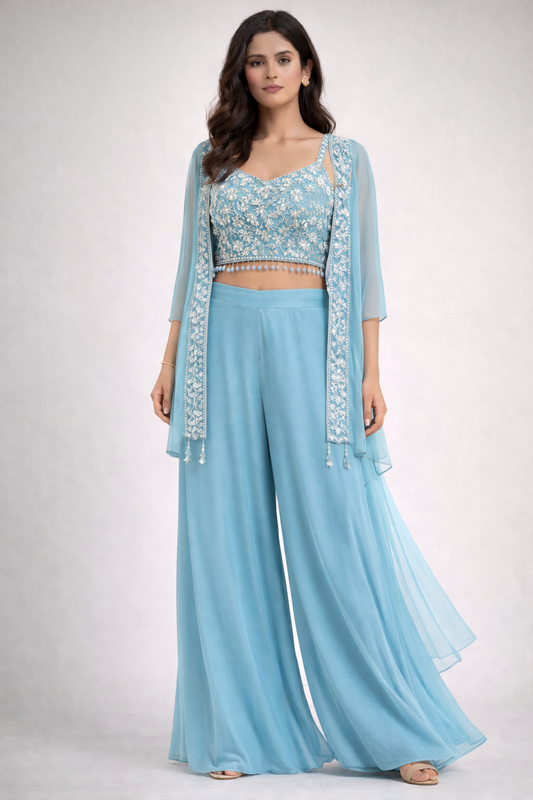 Sky Blue Embroidered Palazzo Set with Jacket (3-Piece)