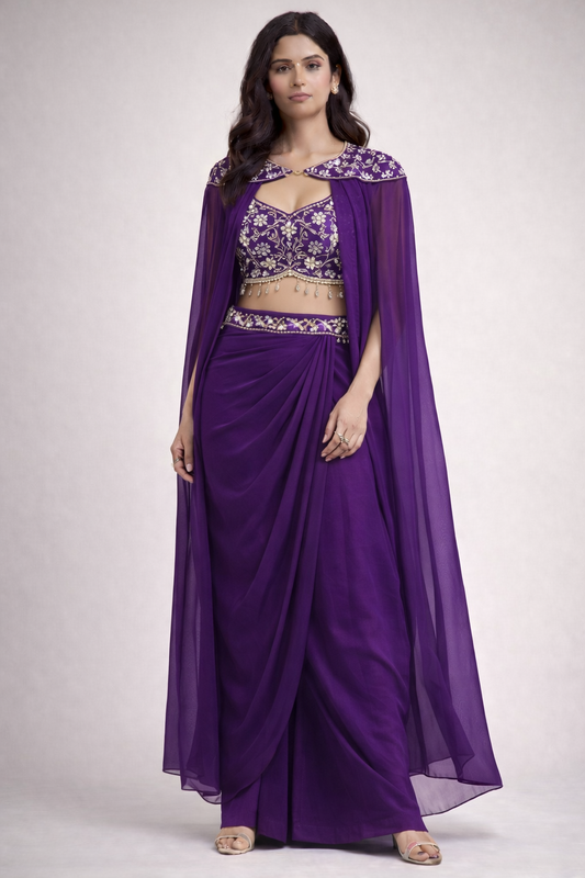 Dark Purple Embroidered Draped Skirt Set (3-Piece)