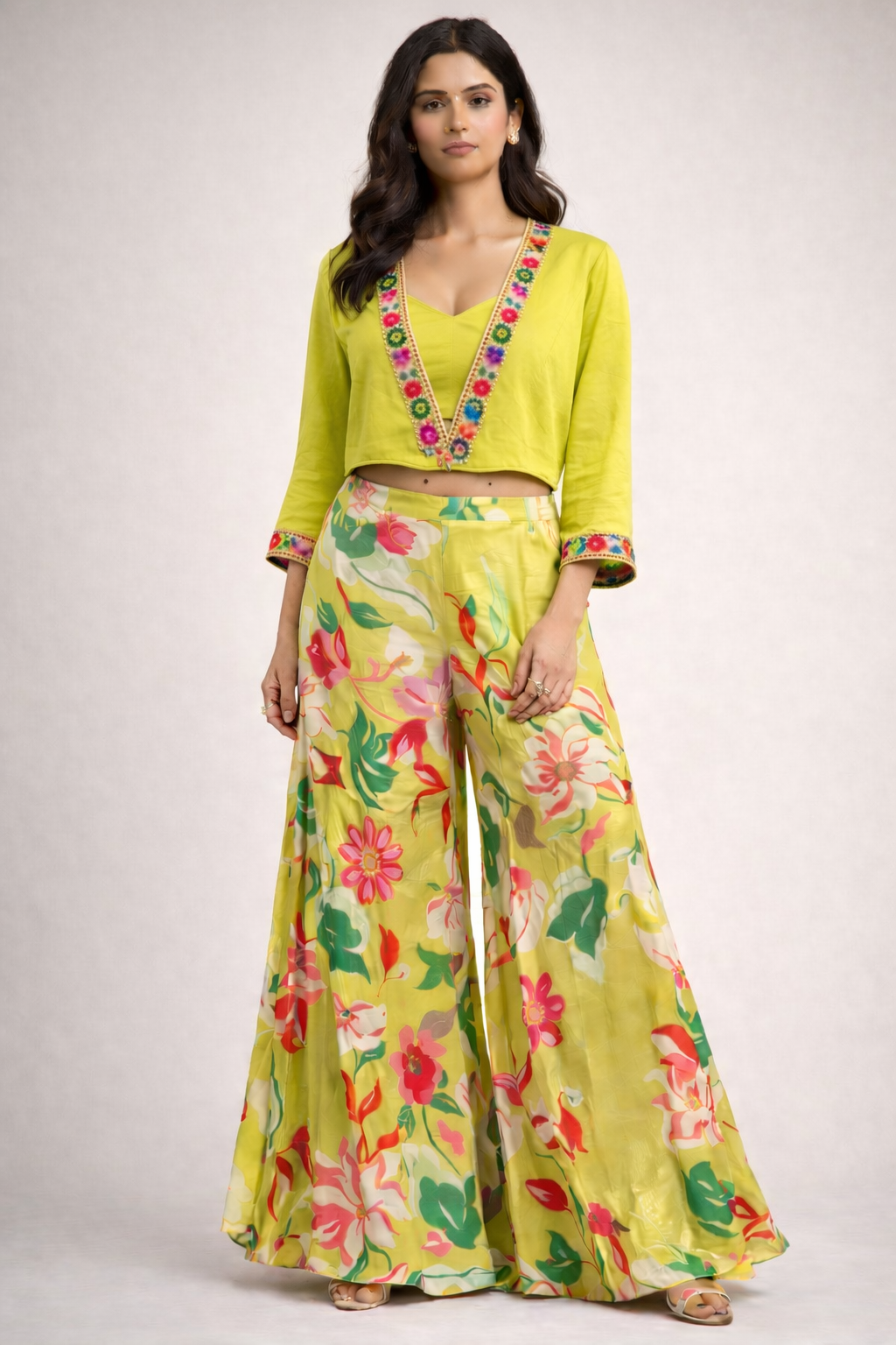 Lime Yellow Floral Indo-Western Palazzo Set (3-Piece)
