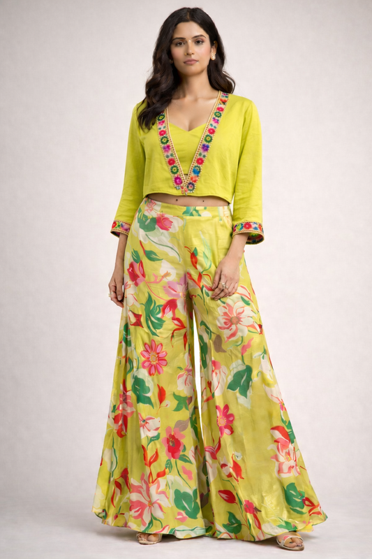 Lime Yellow Floral Indo-Western Palazzo Set (3-Piece)