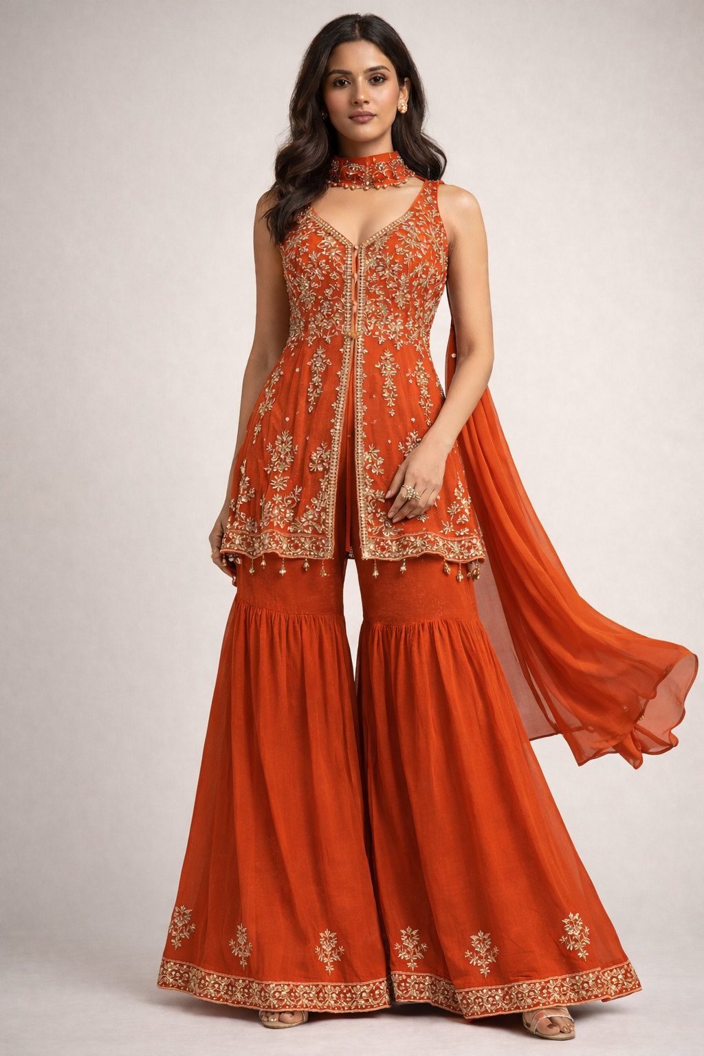 Rust Orange Embroidered Indo-Western Sharara Set (3-Piece)