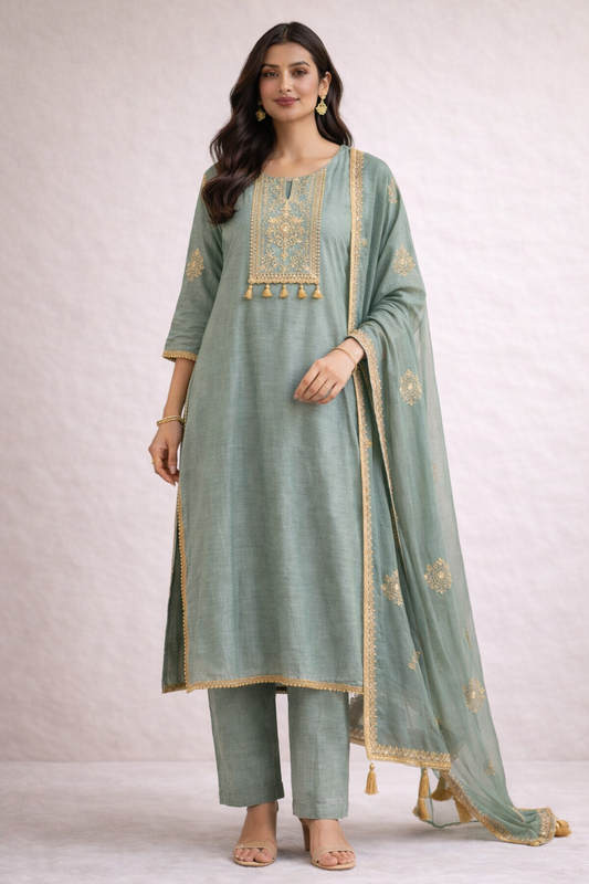 Firozi Blue Embroidered Festive Suit Set (3-Piece)