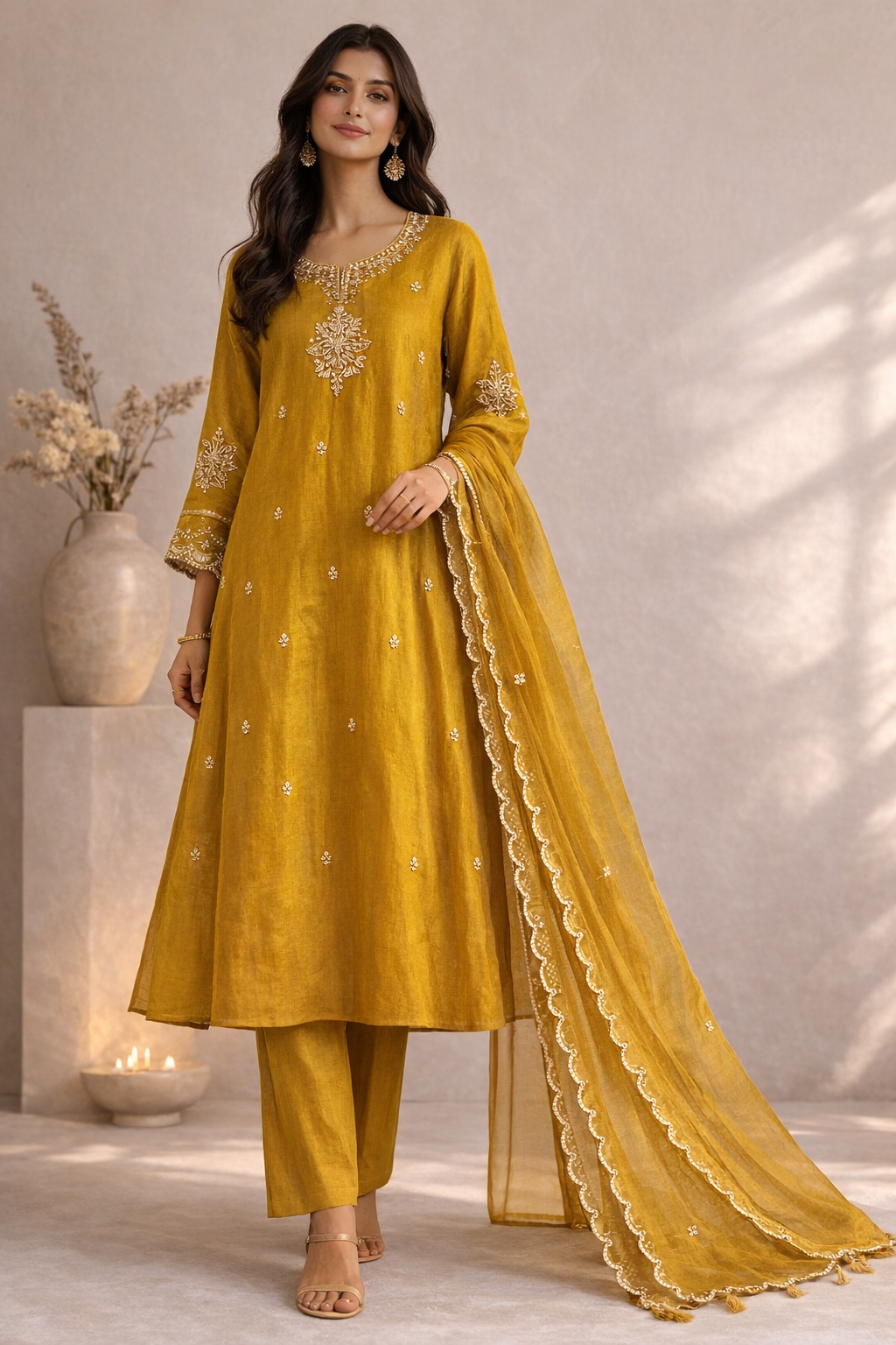 Yellow Mustard Embroidered Festive Suit Set (3-Piece)