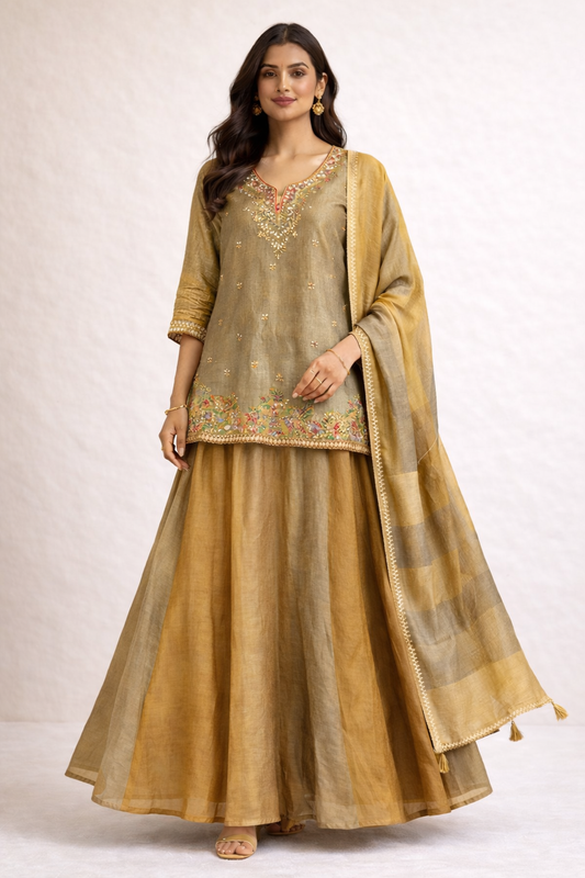 Golden Embroidered Festive Suit Set (3-Piece)