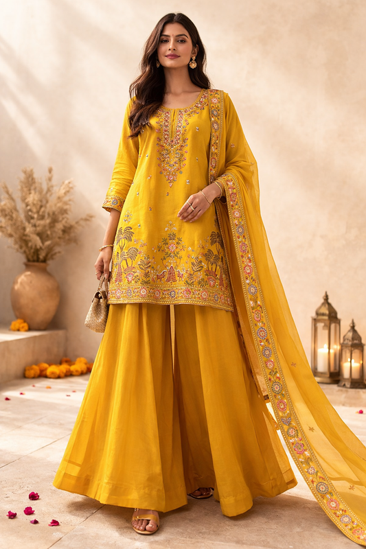 Mustard Gold Embroidered Festive Suit Set (3-Piece)