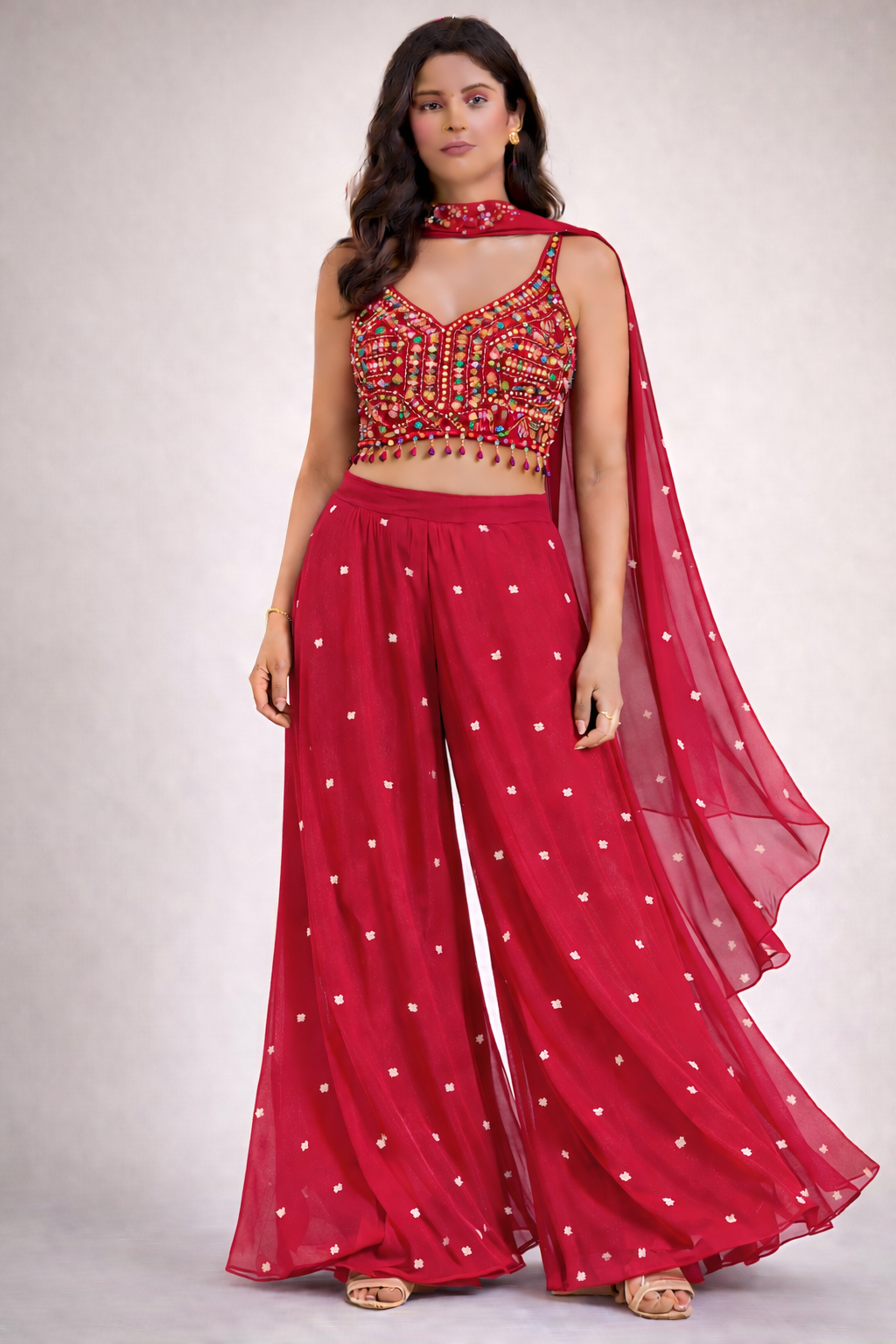 Fuchsia Pink Mirror-Work Indo-Western Palazzo Set (3-Piece)