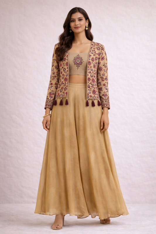 Ivory Beige Embroidered Indo-Western Set (3-Piece)